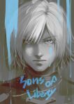  1boy blood blood_on_face blue_blood blue_eyes copyright_name dog_tags eyebrows_visible_through_hair jewelry looking_at_viewer male_focus metal_gear_(series) metal_gear_solid_2 monochrome necklace noriuma portrait raiden realistic serious short_hair simple_background solo spot_color 