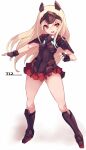  1girl bangs black_gloves blonde_hair character_name darius darius_burst eyebrows_visible_through_hair fingerless_gloves full_body gloves headgear highres karukan_(monjya) legs long_hair open_mouth red_eyes red_skirt simple_background skirt solo standing ti2 white_background 