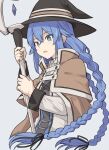  1girl bangs black_headwear black_ribbon blue_eyes blue_hair braid brown_cape brown_capelet cape commentary_request crossed_bangs eyebrows_visible_through_hair from_side grey_background hair_between_eyes hair_ribbon hands_up hat holding holding_staff jacket long_hair long_sleeves mushoku_tensei open_mouth ribbon roxy_migurdia shiseki_hirame simple_background solo staff twin_braids upper_body weapon white_jacket witch_hat 