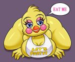  anthro avian beak bib big_breasts bird blue_eyes blush blush_stickers breasts chicken cleavage clothed clothing curvy_figure english_text eyelashes eyeshadow female five_nights_at_freddy&#039;s five_nights_at_freddy&#039;s_2 fur galliform gallus_(genus) hi_res huitu_c makeup non-mammal_breasts phasianid solo text thick_thighs toy_chica_(fnaf) video_games voluptuous wide_hips yellow_body yellow_fur 