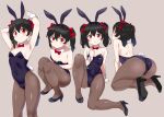  1girl animal_ears armpits ass bare_arms bare_shoulders black_footwear black_hair black_legwear black_leotard bow bowtie breasts brown_background bunny_ears bunny_tail detached_collar fake_animal_ears hair_bow high_heels highres kneeling kurokawa_makoto leotard long_hair looking_at_viewer love_live! love_live!_school_idol_project multiple_views pantyhose playboy_bunny red_bow red_eyes red_neckwear shoes simple_background sitting small_breasts standing tail twintails wrist_cuffs yazawa_nico 