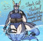  2020 animal_humanoid blue_hair camel_toe clothing female fish fish_humanoid hair hoka humanoid humanoid_pointy_ears jawlia_(hoka) kneeling marine marine_humanoid meme multicolored_body muscular muscular_female muscular_humanoid one-piece_swimsuit shark_humanoid sharp_teeth simple_background solo speech_bubble swimwear teeth thick_tail thick_thighs two_tone_body 