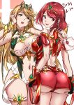  2girls absurdres ass back bangs bare_shoulders black_gloves blonde_hair blush breasts chest_jewel cleavage cleavage_cutout clothing_cutout dress earrings envelope fingerless_gloves gloves highres jewelry large_breasts looking_at_viewer looking_back multiple_girls mythra_(xenoblade) nakagawa_kanon_(pixiv32798535) navel open_mouth pyra_(xenoblade) red_eyes red_hair red_shorts short_dress short_hair short_shorts shorts smile super_smash_bros. swept_bangs thighs tiara wax_seal white_dress xenoblade_chronicles_(series) xenoblade_chronicles_2 yellow_eyes 