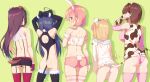  5girls ahoge animal_ears animal_print arms_behind_head arms_up ass bare_shoulders black_gloves black_legwear blonde_hair blue_hair blush braid breasts brown_hair bunny_ears bunny_tail cat_ears cat_tail commentary cow_ears cow_horns cow_print cow_tail crop_top dog_ears dog_tail elbow_gloves facing_away fake_animal_ears fake_horns from_behind fur-trimmed_legwear fur_trim gloves green_background hairband half_gloves highres hinako_note horns ichi_makoto large_breasts long_hair looking_at_viewer looking_back microskirt multiple_girls one_side_up panties pink_hair pink_legwear pink_panties red_eyes red_gloves red_legwear revealing_clothes scrunchie shoulder_blades simple_background skirt striped striped_legwear tail thigh_gap thighhighs underwear white_panties wrist_scrunchie 