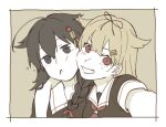  2girls arm_around_shoulder bangs blue_eyes border braid cheek-to-cheek fang hair_flaps hair_ornament kantai_collection long_hair looking_at_viewer multiple_girls open_mouth red_eyes red_neckwear sailor_collar saliva school_uniform self_shot serafuku shigure_(kancolle) short_sleeves simple_background single_braid sukekiyo_(skky_0) upper_body white_border yellow_background yuudachi_(kancolle) 