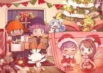  1girl 3boys bangs bell blush boots box cape christmas christmas_tree closed_eyes closed_mouth coat commentary_request door doormat eyelashes fur-trimmed_headwear gen_8_pokemon gloria_(pokemon) green_eyes grookey hat holding holly hop_(pokemon) in_box in_container indoors leon_(pokemon) multiple_boys open_mouth orange_headwear pink_ribbon pokemon pokemon_(creature) pokemon_(game) pokemon_swsh raihan_(pokemon) red_cape red_headwear ribbon rone santa_hat scorbunny smile sobble sparkle star_(symbol) starter_pokemon_trio stick teeth tongue wreath 