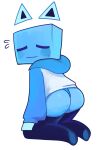  alpha_channel ambiguous_gender blue_body blush bodily_fluids butt clothing hi_res hoodie humanoid just_shapes_and_beats looking_back sad_cube simple_background solo suepii sweat topwear video_games 