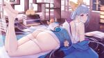  1girl absurdly_long_hair alexiel_(pixiv6211566) ass azur_lane blue_eyes blue_kimono blue_sash book bow brush champagne_(azur_lane) champagne_(lapis_lazuli&#039;s_first_dream)_(azur_lane) cow from_side full_body hair_in_mouth hair_ornament highres indoors japanese_clothes kimono light_blue_hair long_hair looking_at_viewer lying manjuu_(azur_lane) official_alternate_costume on_stomach panties panty_pull sash solo sunlight underwear very_long_hair white_panties wooden_floor yellow_bow 