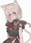 1girl animal_ears aogisa arknights blonde_hair blue_eyes blush brown_dress cat_ears cat_tail character_request dress eyebrows_visible_through_hair highres looking_at_viewer medium_hair smile solo tail white_background 