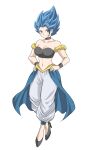  1girl alternate_costume blue_eyes blue_hair bracelet choker closed_mouth collarbone dragon_ball dragon_ball_super genderswap genderswap_(mtf) gogeta hands_on_hips high_heels highres jewelry light_smile looking_at_viewer pants solo spiked_hair super_saiyan super_saiyan_blue taka_lovecheese waist_cape white_pants 
