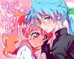  1boy 1girl arisugawa_himari black_jacket blue_eyes blue_hair blush brown_hair collared_shirt couple embarrassed hetero jacket julio_(precure) kirakira_precure_a_la_mode kyoutsuugengo long_hair pink_sailor_collar precure red_eyes sailor_collar sailor_shirt shiny shiny_hair shirt sweatdrop symbol-shaped_pupils twintails upper_body white_shirt 