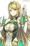  1girl blonde_hair breasts cleavage cleavage_cutout clothing_cutout earrings gloves gofelem jewelry large_breasts letter mythra_(xenoblade) solo super_smash_bros. xenoblade_chronicles_(series) xenoblade_chronicles_2 yellow_eyes 