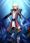  1boy blazblue blazblue_alternative:_dark_war blonde_hair coat dougi gloves green_eyes highres jacket jin_kisaragi katana looking_at_viewer male_focus military military_uniform mori_toshimichi official_art serious short_hair solo sword third-party_source uniform weapon 