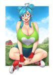  1girl aqua_eyes aqua_hair barn blue_shorts blue_sky border borrowed_character breasts cleavage cloud cloudy_sky commission crossed_legs double_bun erkaz eyebrows_visible_through_hair fingerless_gloves glasses gloves green_tank_top heart heart-shaped_eyewear highres huge_breasts open_mouth original outdoors red_footwear red_gloves shoes shorts sitting sky smile socks solo tank_top white_border white_legwear 