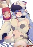  1girl animal_print bangs blue_hair blunt_bangs blush bottle breasts cow_hat cow_horns cow_print detached_sleeves draph earrings eyebrows_visible_through_hair granblue_fantasy highres horns huge_breasts jewelry long_hair looking_at_viewer milk_bottle navel open_mouth pointy_ears print_headwear print_legwear red_eyes shatola_(granblue_fantasy) sheer_clothes shiroie_mika shorts simple_background sitting solo_focus sweat thighhighs thighs unbuttoned_shorts very_long_hair white_background white_legwear white_shorts 