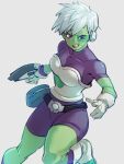  1girl bodysuit cheelai colored_skin dragon_ball dragon_ball_super dragon_ball_super_broly gloves green_skin grey_background gun holding holding_gun holding_weapon kemachiku open_mouth purple_bodysuit purple_eyes scouter short_hair simple_background smile solo teeth upper_teeth weapon white_gloves white_hair 