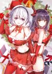  2girls antlers bandeau bare_shoulders bell black_choker black_hair black_legwear bow bowtie breasts brown_eyes choker christmas cleavage cowboy_shot elbow_gloves fingerless_gloves fur_trim garter_straps gloves groin hairband hand_up hat holding_hands large_breasts long_hair looking_at_viewer mafuyu medium_breasts micro_shorts midriff miniskirt multiple_girls navel off-shoulder_shirt off_shoulder open_mouth original purple_eyes red_gloves red_headwear red_legwear red_shirt red_skirt reindeer_antlers santa_costume santa_hat shirt shorts sketch skirt smile spaghetti_strap stomach thighhighs thighs white_hair yuuri_(mafuyu) zettai_ryouiki 