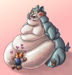  &lt;3 anthro beastars belly bill_(beastars) blush canid canine canis chubby_anthro chubby_cheeks duo felid fur glistening glistening_body gradient_background kucilasua legoshi_(beastars) male male/male mammal morbidly_obese navel obese obese_anthro orange_body orange_fur overweight overweight_anthro pantherine pawpads paws simple_background tan_body tan_fur thick_thighs tiger wolf 