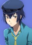  1girl androgynous blue_hair cabbie_hat closed_mouth hat murata_tefu persona persona_4 shirogane_naoto short_hair simple_background solo 