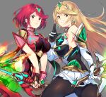  2girls ass bangs black_gloves black_legwear blonde_hair breasts chest_jewel dress earrings elbow_gloves fingerless_gloves gem gloves headpiece highres jewelry large_breasts long_hair multiple_girls mythra_(xenoblade) negresco pantyhose pyra_(xenoblade) red_eyes red_hair red_shorts short_dress short_hair short_shorts shorts simple_background super_smash_bros. swept_bangs sword thigh_strap tiara very_long_hair weapon white_dress white_gloves xenoblade_chronicles_(series) xenoblade_chronicles_2 yellow_eyes 