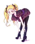  1girl bent_over black_dress black_footwear black_legwear black_ribbon blonde_hair blush boots collarbone dress full_body hair_ribbon high_heel_boots high_heels jewelry kasugano_urara_(yes!_precure_5) knee_boots kyoutsuugengo long_hair open_mouth precure ribbon ring shiny shiny_hair short_dress short_sleeves simple_background solo thighhighs twintails very_long_hair white_background yellow_eyes yes!_precure_5 