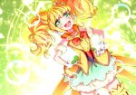  1girl :d arm_strap bangs blonde_hair blush bow bowtie cowboy_shot cure_sparkle dutch_angle eyebrows_visible_through_hair floating_hair gloves green_eyes hair_ornament healin&#039;_good_precure heart heart_hair_ornament highres kyoutsuugengo layered_skirt long_hair miniskirt open_mouth precure red_bow red_neckwear shiny shiny_hair skirt smile solo sparkle standing thighhighs twintails white_gloves zettai_ryouiki 
