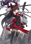  1girl bangs black_hair blunt_bangs bow dress eyebrows_visible_through_hair frilled_dress frilled_skirt frills garter_straps gate_-_jieitai_ka_no_chi_nite_kaku_tatakaeri gothic_lolita hair_bow halberd highres hime_cut lolita_fashion long_hair looking_at_viewer nyoro_(nyoronyoro000) polearm red_eyes rory_mercury skirt smile solo standing thighhighs very_long_hair weapon wrist_guards 