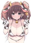  1girl alternate_costume animal_ears animal_print atlanta_(kancolle) bangs bare_arms bare_shoulders bell bikini blue_gloves blush breasts brown_hair cleavage collarbone cow_ears cow_horns cow_print cowbell cowboy_shot earrings eyebrows_visible_through_hair gloves grey_eyes halterneck horns index_finger_raised jewelry kantai_collection large_breasts long_hair looking_at_viewer navel odawara_hakone pointing pointing_up simple_background single_earring skindentation solo star_(symbol) star_earrings striped striped_bikini swimsuit two_side_up white_background 