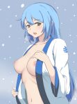  1girl breasts breasts_outside breath collarbone eyebrows_visible_through_hair folait green_eyes hair_between_eyes hands_on_own_breasts highres japanese_clothes kimono light_blue_hair long_hair looking_at_viewer medium_breasts messy_hair navel open_clothes open_kimono open_mouth original snow snowflake_print solo upper_body white_kimono winter 
