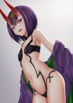  1girl absurdres bangs bare_shoulders blush bob_cut breasts collarbone eyeliner fate/grand_order fate_(series) headpiece highres horns japanese_clothes kimono long_sleeves looking_at_viewer makeup navel off_shoulder oni oni_horns open_mouth purple_eyes purple_hair purple_kimono revealing_clothes short_hair shuten_douji_(fate) skin-covered_horns small_breasts smile thighs wide_sleeves yamachi_(xadp7533) 