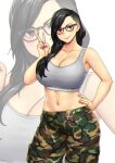  1girl armpits bare_shoulders black_hair blush borrowed_character breasts brown_eyes camouflage camouflage_pants cleavage commission cowboy_shot english_text erkaz eyebrows glasses grey_sports_bra hair_over_breasts hair_over_shoulder hand_on_hip hand_up highres huge_breasts large_breasts long_hair looking_at_viewer midriff navel original pants sidecut simple_background smile solo sports_bra v white_background zoom_layer 