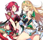  2girls ass bangs black_gloves blonde_hair breasts chest_jewel dress earrings elbow_gloves fingerless_gloves gem gloves headpiece highres jewelry large_breasts long_hair multiple_girls mythra_(xenoblade) negresco pyra_(xenoblade) red_eyes red_hair red_shorts short_dress short_hair short_shorts shorts simple_background super_smash_bros. swept_bangs sword thigh_strap tiara very_long_hair weapon white_dress white_gloves xenoblade_chronicles_(series) xenoblade_chronicles_2 yellow_eyes 