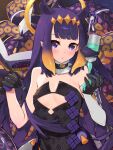  1girl bangs bare_shoulders black_dress black_gloves blunt_bangs breasts choker commentary_request dress eyebrows_visible_through_hair fur-trimmed_choker gloves highres holding holding_stylus hololive hololive_english long_hair looking_at_viewer multicolored_hair ninomae_ina&#039;nis orange_hair pen purple_eyes purple_hair small_breasts solo stylus tentacles two-tone_hair virtual_youtuber waterring 