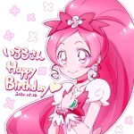  1girl 2020 bangs blush bow choker closed_mouth collarbone cure_blossom dated floating_hair hair_bow hanasaki_tsubomi happy_birthday heartcatch_precure! high_ponytail highres kyoutsuugengo long_hair parted_bangs pink_eyes pink_hair precure red_bow red_choker shiny shiny_hair smile solo upper_body very_long_hair wrist_cuffs 