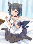  1girl absurdres alternate_costume animal_ear_fluff animal_ears apron bangs bare_shoulders black_choker black_hair black_legwear blue_eyes blue_hair blush cat_ears choker collarbone curtains enmaided frills full_body gradient_hair greater_lophorina_(kemono_friends) hair_between_eyes head_wings highres indoors kemono_friends kemonomimi_mode looking_at_viewer maid multicolored_hair no_shoes on_bed pantyhose paw_pose polka_dot polka_dot_legwear shiraha_maru short_hair sitting solo tail twitter_username waist_apron wariza 