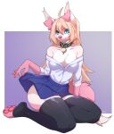  ahoge anthro black_clothing black_collar black_footwear black_legwear black_socks black_thigh_highs black_thigh_socks blonde_hair blue_bottomwear blue_clothing blue_eyes blue_skirt bottomwear breasts cleavage clothed clothing clothing_lift collar collar_tag dress_shirt ear_tuft female footless_socks footwear fur hair hi_res hindpaw legwear mammal mojaloo no_underwear off_shoulder pattern_collar pawpads paws pink_body pink_fur pink_inner_ear_fluff pink_nose pink_pawpads pleated_skirt shirt shirt_unbuttoned skirt skirt_lift socks solo topwear tuft white_clothing white_dress_shirt white_shirt white_topwear 