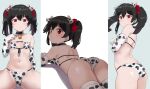  1girl animal_ears animal_print ass bare_shoulders bell bikini black_choker black_hair bow breasts choker cow_ears cow_horns cow_print cowbell elbow_gloves eyepatch_bikini fake_animal_ears fake_horns from_behind from_side front-tie_bikini front-tie_top gloves hair_bow highres horns kurokawa_makoto looking_at_viewer looking_back love_live! love_live!_school_idol_project lying multiple_views navel on_stomach red_bow red_eyes small_breasts string_bikini swimsuit thighhighs twintails two-tone_bikini two-tone_legwear white_bikini yazawa_nico 