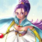  1girl blue_background blue_cape breasts cape chinyan choker cleavage collarbone commentary_request dragon_quest dragon_quest_xi dress earrings elbow_gloves gloves hair_between_eyes hair_ornament highres holding holding_staff jewelry large_breasts long_hair looking_at_viewer ponytail purple_eyes purple_hair senica_(dq11) short_dress solo staff very_long_hair white_dress yellow_gloves 
