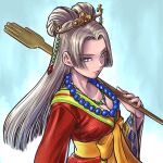  1girl bangs blue_background blue_eyes breasts chinyan cleavage commentary_request dragon_quest dragon_quest_xi grey_hair highres holding_paddle japanese_clothes jewelry kimono large_breasts long_hair looking_at_viewer necklace nima_daishi paddle parted_bangs red_kimono solo upper_body 