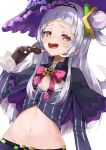  1girl bangs blunt_bangs blush breasts gloves hair_bun hair_ornament hat hololive konkito long_hair long_sleeves looking_at_viewer midriff murasaki_shion navel open_mouth silver_hair simple_background skirt smile solo striped virtual_youtuber white_background witch_hat yellow_eyes 