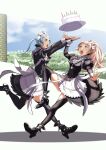  2girls absurdres apron aqua_eyes birthday_cake black_dress black_feathers black_legwear blue_hair bow breasts bridal_gauntlets cake cloud commentary_request day dress dropping feathers felicia_(fire_emblem) fire_emblem fire_emblem_fates flora_(fire_emblem) food grey_eyes high_heels highres juliet_sleeves long_sleeves maid maid_headdress multiple_girls open_mouth outdoors pink_hair ponytail puffy_long_sleeves puffy_sleeves ribbon shadow siblings sisters sky sukkirito_(rangusan) thighhighs twins waist_apron white_apron white_bow white_ribbon zettai_ryouiki 