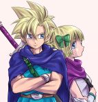  1boy 1girl blonde_hair blue_cape blue_eyes bow bracelet brother_and_sister cape chinyan commentary_request crossed_arms dragon_quest dragon_quest_v gloves green_bow hair_bow hero&#039;s_daughter_(dq5) hero&#039;s_son_(dq5) jewelry looking_at_another looking_to_the_side purple_cape shirt short_hair siblings spiked_hair sword upper_body weapon white_gloves white_shirt 