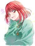  1girl :p asahina_yuko dated green_sweater jewelry looking_at_viewer mixed-language_commentary necklace nekomaru red_eyes red_hair shiny shiny_hair short_hair simple_background smile solo sweater tokimeki_memorial tokimeki_memorial_1 tongue tongue_out upper_body white_background 