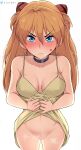  1girl anger_vein blue_eyes blush breasts dress dress_lift highres hioyami lifted_by_self neon_genesis_evangelion no_panties nose_blush orange_hair small_breasts solo souryuu_asuka_langley sundress sweat two_side_up yellow_dress 
