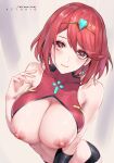  1girl artist_name azto_dio bangs bare_shoulders blush breasts breasts_outside chest_jewel closed_mouth collarbone earrings eyebrows_visible_through_hair hand_up highres jewelry large_breasts looking_at_viewer nipples pyra_(xenoblade) red_eyes red_hair short_hair smile solo swept_bangs tiara upper_body xenoblade_chronicles_(series) xenoblade_chronicles_2 