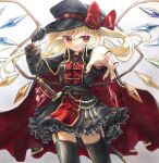  1girl aiguillette alternate_costume bangs black_capelet black_dress black_gloves black_headwear black_legwear blonde_hair bow breasts capelet commentary_request contrapposto cowboy_shot crystal dress eyebrows_visible_through_hair flandre_scarlet flat_cap foreshortening frills garter_straps gloves gold_trim gradient gradient_background grey_background grin hair_bow hand_on_headwear hat highres hisako_(6anmbblfnjueeff) looking_at_viewer military military_uniform nail_polish one_side_up reaching_out red_bow red_eyes red_nails short_hair simple_background single_glove small_breasts smile solo standing swept_bangs tassel thighhighs touhou traditional_media uniform wings 