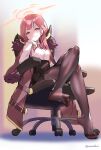 1girl akaza aru_(blue_archive) black_legwear blue_archive blush breasts chair coat crossed_arms fur_trim halo highres horns long_hair looking_at_viewer pantyhose pink_hair skirt smile solo sweat yellow_eyes 