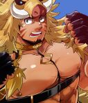  1boy alternate_facial_hair animal_hood bara beard brown_hair bursting_pecs chest_harness collar facial_hair fang forked_eyebrows fur_(clothing) gullinbursti_(tokyo_houkago_summoners) harness hood large_pectorals looking_at_viewer male_focus mature_male muscular muscular_male navel ohayashi55 pectoral_focus pectorals short_hair solo tokyo_houkago_summoners upper_body 