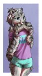  9:16 anthro biped blue_eyes clothed clothing felid female fur hair long_tail looking_at_viewer mammal nom oini pantherine snow_leopard solo tail_in_mouth white_hair 