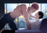  2boys abs brown_hair bulge contemporary couple denim eilinna eye_contact from_side fushiguro_megumi hands_on_another&#039;s_face itadori_yuuji jeans jujutsu_kaisen looking_at_another male_focus multiple_boys muscular muscular_male open_mouth pants pectorals pink_hair profile shirtless short_hair sideburns spiked_hair stomach thighs undercut yaoi 